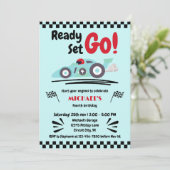 任意の年齢誕生日準備セットゴーブルーレースカー 招待状 (スタンド正面)