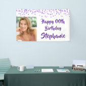 任意の年齢誕生日紫紙吹雪手書き写真 横断幕 (トレードショー)