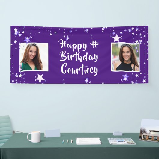 任意の年齢誕生日紫色の星ブラシスクリプトの写真 横断幕 (トレードショー)