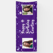 任意の年齢誕生日紫色の星ブラシスクリプトの写真 横断幕 (縦)