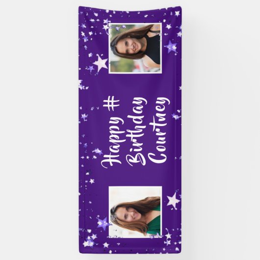 任意の年齢誕生日紫色の星ブラシスクリプトの写真 横断幕 (縦)