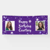 任意の年齢誕生日紫色の星ブラシスクリプトの写真 横断幕 (横)