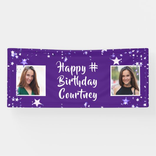 任意の年齢誕生日紫色の星ブラシスクリプトの写真 横断幕 (横)