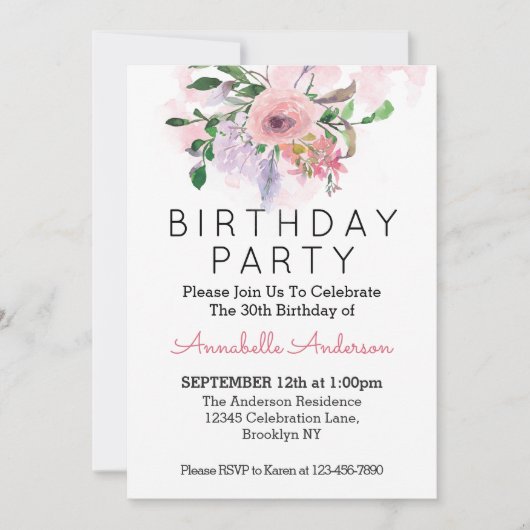 任意の年齢誕生日赤面ピンクローズフローラ水色 招待状 (正面)