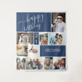 任意の年齢10枚の写真コラージュパーソナライズドブルー タペストリー (正面)