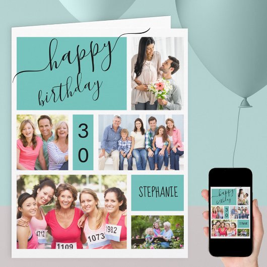 任意の年齢5フォトコラージュティール(緑がかった色)パーソナライズされた誕生日 カード