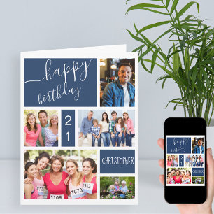 任意の年齢5フォトコラージングブルーパーソナライズされた誕生日 カード
