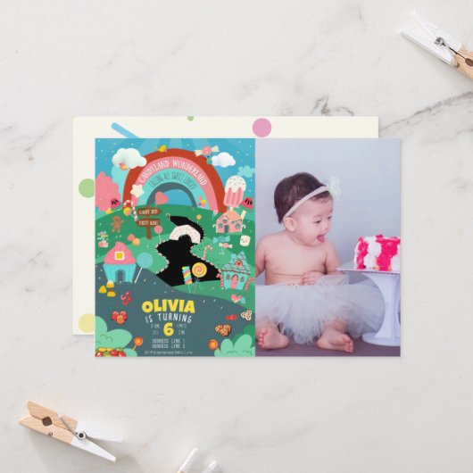 任意の年齢、キャンディテーマ写真の誕生日 招待状 (正面/裏面インサイチュ)