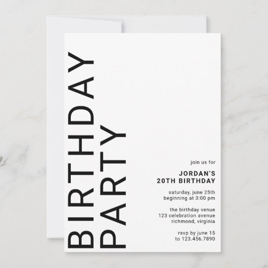任意の年齢 クールモダンミニマルユニセックス誕生日 招待状 (正面)