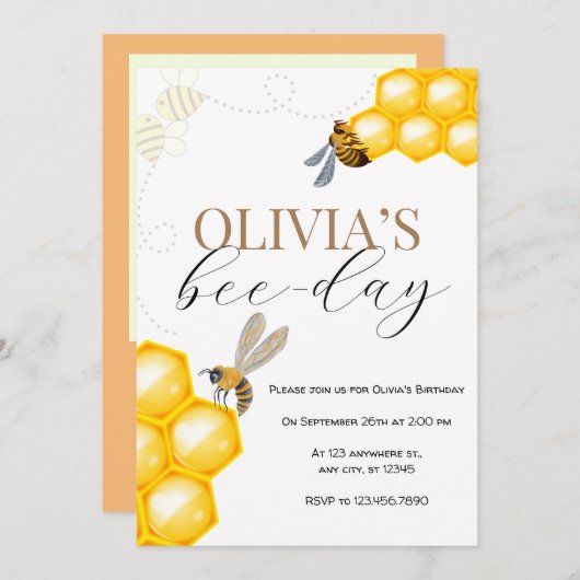 任意の年齢、ビーテーマ女の子の誕生日 招待状 (正面/裏面)