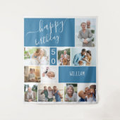 任意の年齢 フォトコラージュ パーソナライズド ブルー タペストリー (正面)