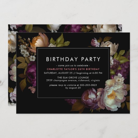 任意の年齢 |ブラックモダンムーディダークフローラ誕生日 招待状 (正面/裏面)