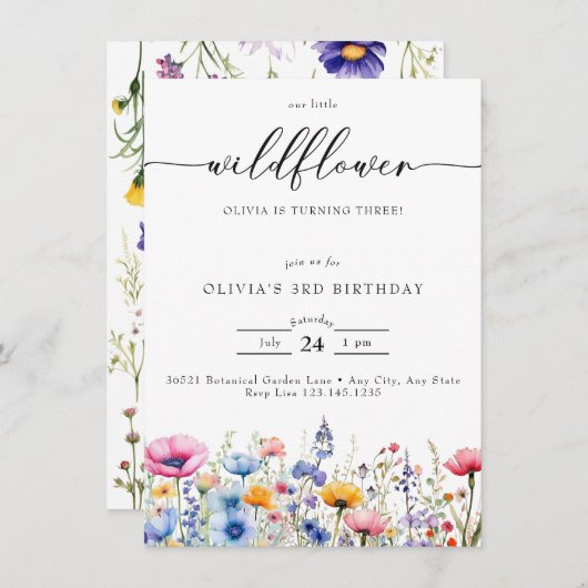 任意の年齢 |ワイルドフラワー誕生日 招待状 (正面/裏面)