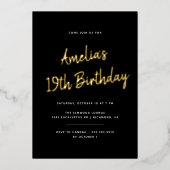任意の年齢 |黒モダンと金ゴールドの誕生日 箔招待状 (正面)