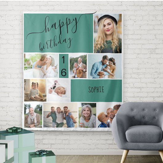 任意の年齢 10枚の写真 コラージュ オーダーメイド 緑 タペストリー