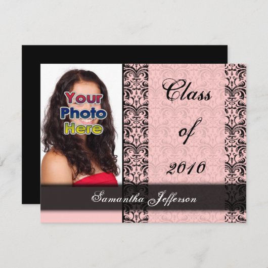 任意の年~ベビーピンクと黒の卒業 招待状 (正面/裏面)