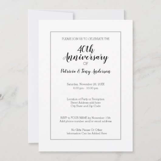 任意の年 - 結婚40周年 & 写真 招待状 (裏面)