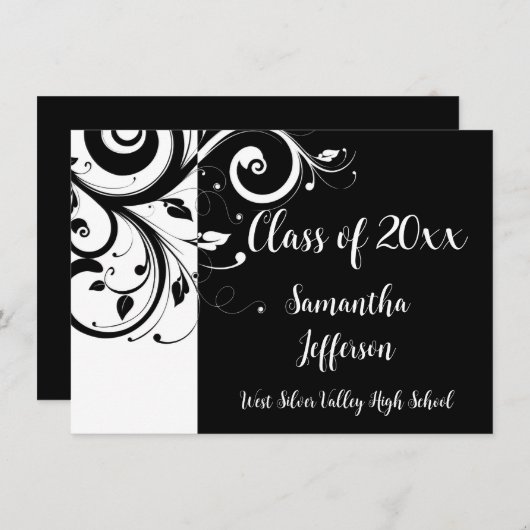 任意の年~豪華な黒/白スワール卒業 招待状 (正面/裏面)