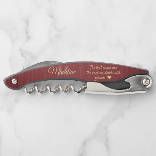 任意の引用文スクリプトモノグラムブラシ付きブルゴーニュ&金ゴールド ソムリエナイフ (裏面)