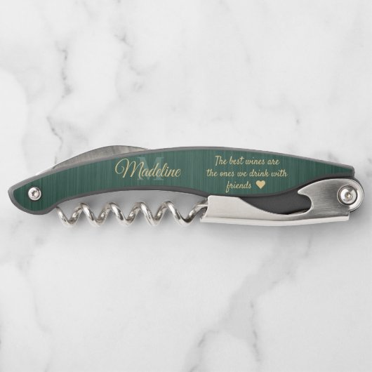 任意の引用文スクリプトモノグラムブラシ付き緑と金ゴールド ソムリエナイフ (裏面)