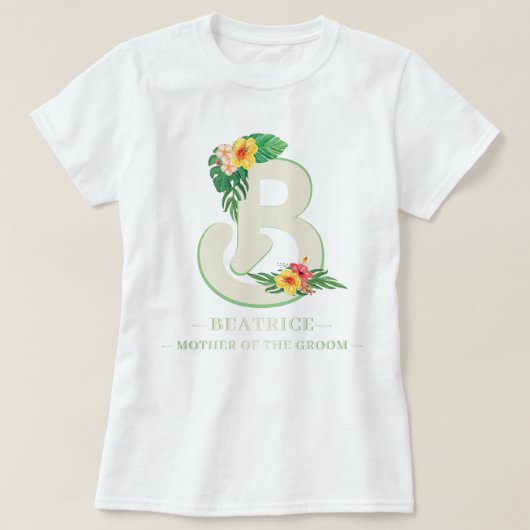 任意の手紙モノグラム熱帯花プラム葉 Tシャツ (デザイン正面)