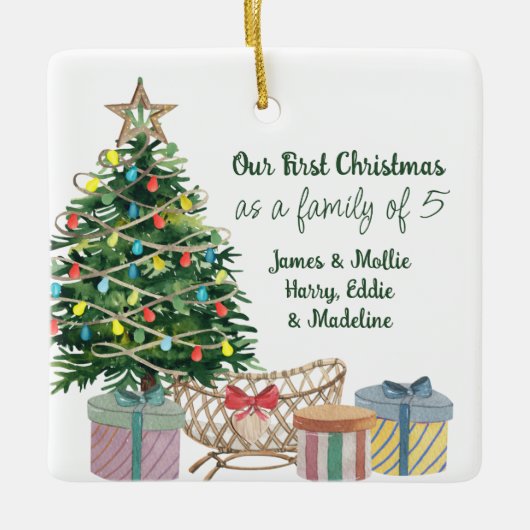任意の数のクリスマスツリーとクリブの写真家族 セラミックオーナメント (正面)