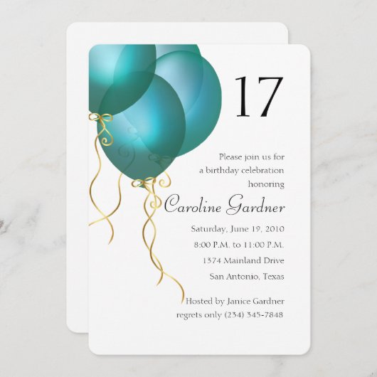 任意の数の誕生日ターコイズバルーン 招待状 (正面/裏面)