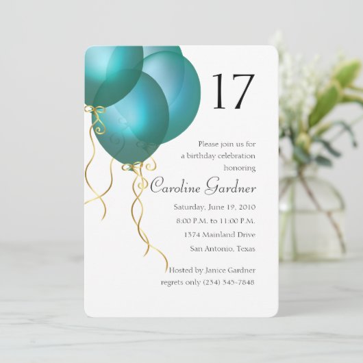 任意の数の誕生日ターコイズバルーン 招待状 (スタンド正面)