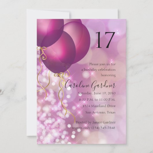 任意の数の誕生日ピンクバルーン招待状 招待状 (正面)