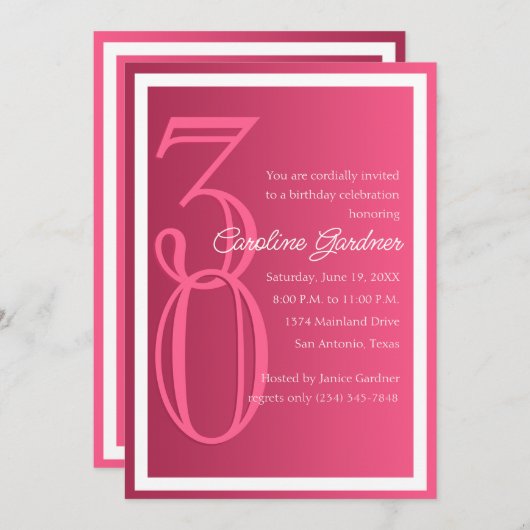 任意の数値誕生日招待状任意の色（ピンク付き） 招待状 (正面/裏面)