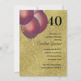任意の数値誕生日赤いバルーン金ゴールドグリッター 招待状