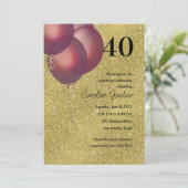 任意の数値誕生日赤いバルーン金ゴールドグリッター 招待状 (スタンド正面)