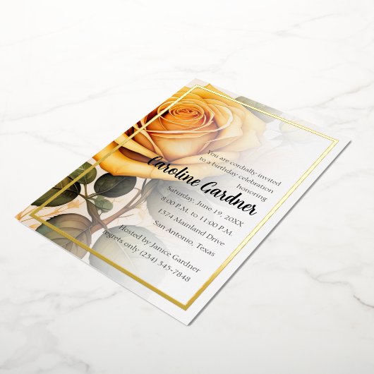 任意の数誕生日招待状イエローローズ 箔招待状 (回転した状態)