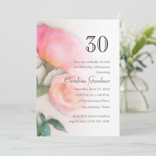 任意の数誕生日招待状ピンクローズ 招待状 (スタンド正面)