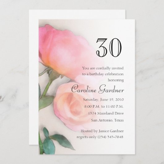 任意の数誕生日招待状ピンクローズ 招待状 (正面/裏面)