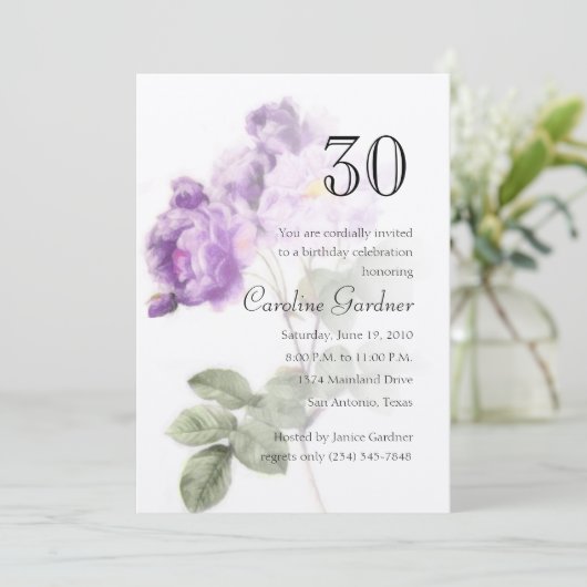 任意の数誕生日招待状紫色の花 招待状 (スタンド正面)