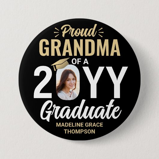 任意の文字と大学院の写真おばあちゃん誇りを持ったブラック金ゴールド 缶バッジ (正面)