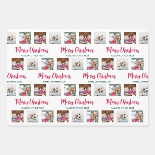 任意の文字と12の写真ブライトメリーモダンクリスマス ラッピングペーパーシート (正面)