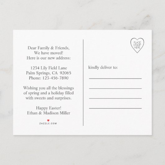 任意の文字イースター新しいアドレスホームフォト移動 案内ポストカード (裏面)