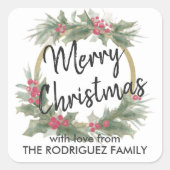任意の文字ウォーターカラーホリーリースエレガントクリスマス スクエアシール (正面)