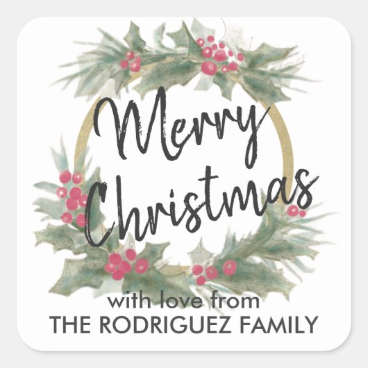 任意の文字ウォーターカラーホリーリースエレガントクリスマス スクエアシール (正面)