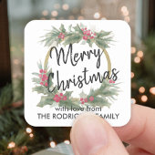 任意の文字ウォーターカラーホリーリースエレガントクリスマス スクエアシール