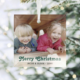 任意の文字グリーンレトロタイポグラフィシンプル写真 ガラスオーナメント