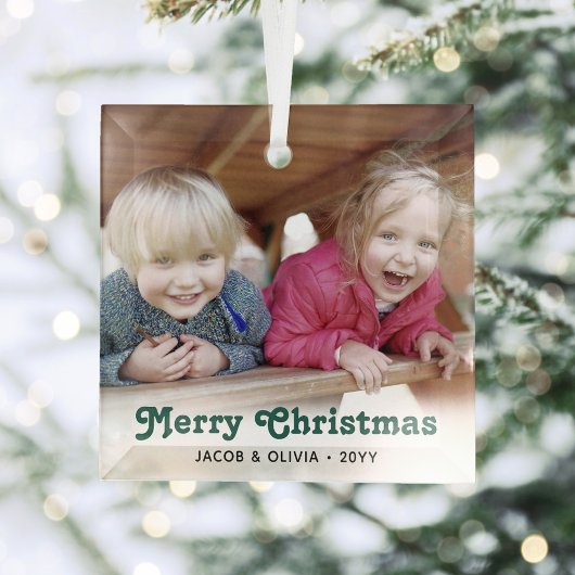 任意の文字グリーンレトロタイポグラフィシンプル写真 ガラスオーナメント