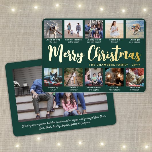 任意の文字グリーン11フォトコラージクリスマススクリプト 箔シーズンカード
