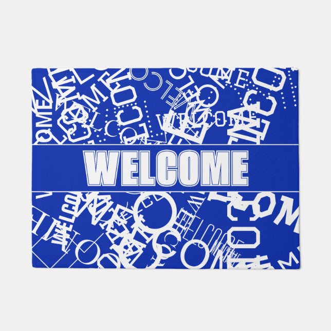 任意の文字コラージュを追加する青と白 ドアマット (正面)