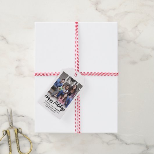 任意の文字トレンディーブラシ付きスクリプトフォトブラック&ホワイト ギフトタグ (より糸付き)