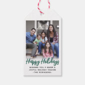 任意の文字トレンディーブラシ付き緑のスクリプトと写真 ギフトタグ (正面)