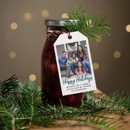 任意の文字トレンディーブラシ付き緑のスクリプトと写真 ギフトタグ