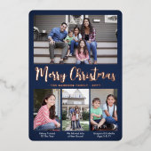 任意の文字ネイビーブルー4フォトコラージュトレンディースクリプト 箔シーズンカード (正面)